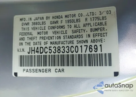 2003 Acura Rsx z USA, uszkodzony, nr VIN JH4DC53833C017691